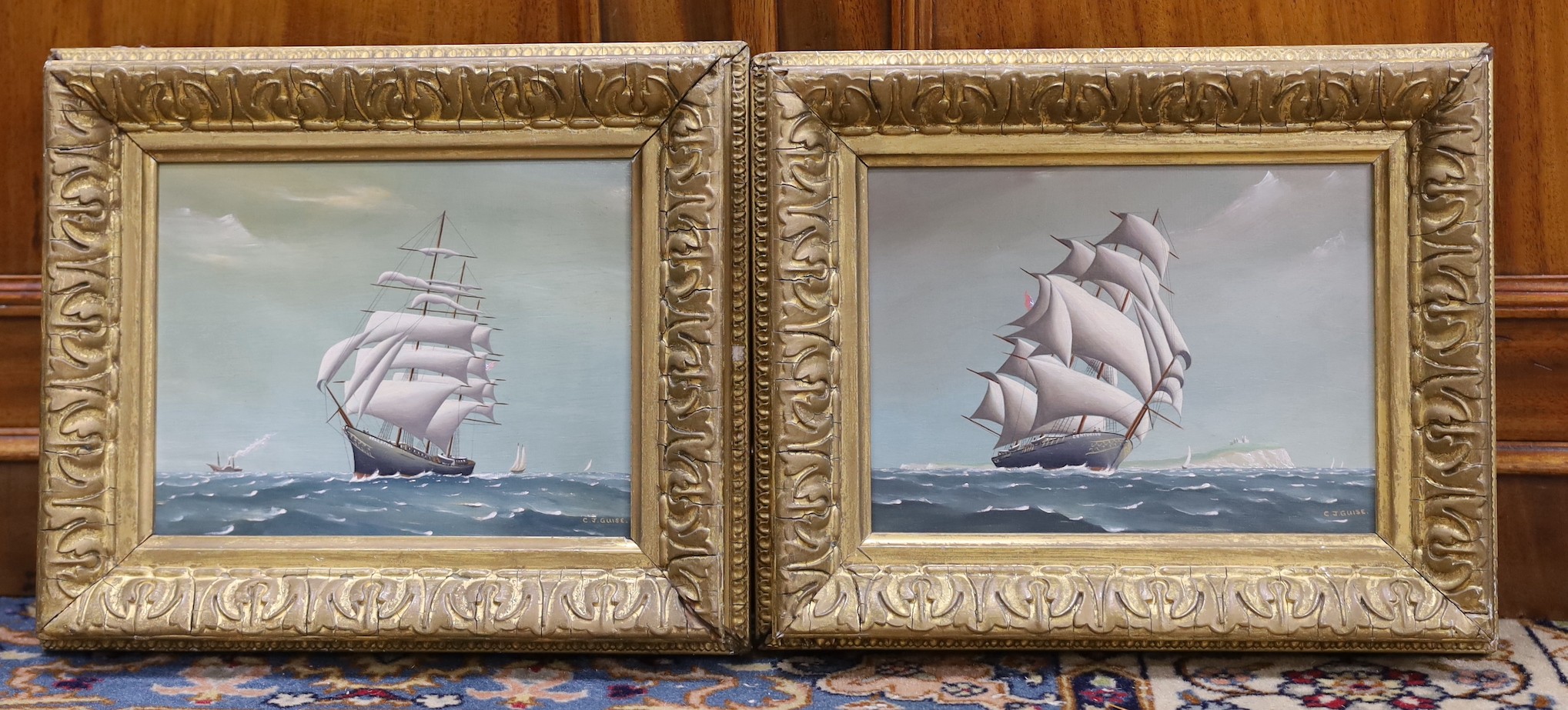 Christophe J. Guise (American, 20th C),pair of oils on wooden panels, The American Clipper ships, Celestial and Centurion, signed, 16 x 22cm